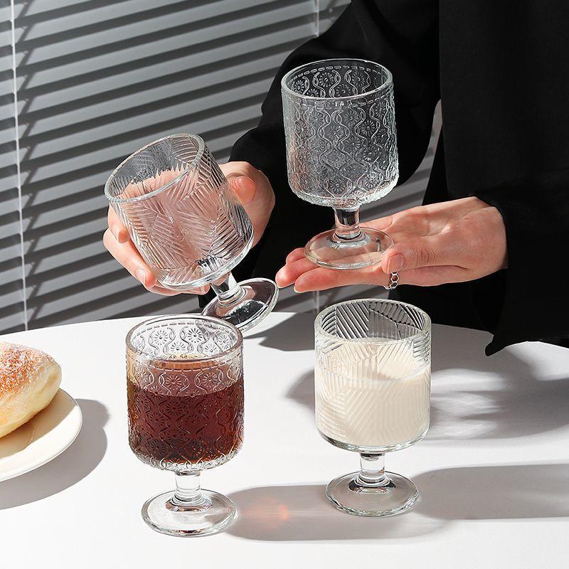 Vintage ins Wind Sunflower relief glass high appearance level wine glass design sense drink juice stemware glass