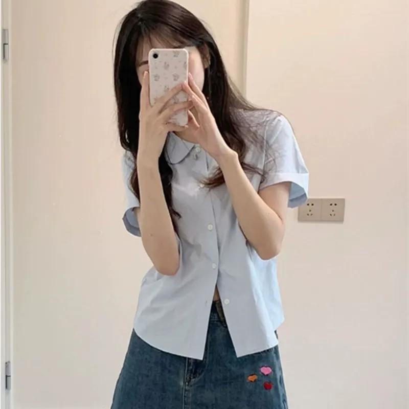 Camisa Feminina de Manga Curta para Verão Casual com Gola Reversível Blusa Feminina Estilo Preppy Camisas Curtas de Estudante