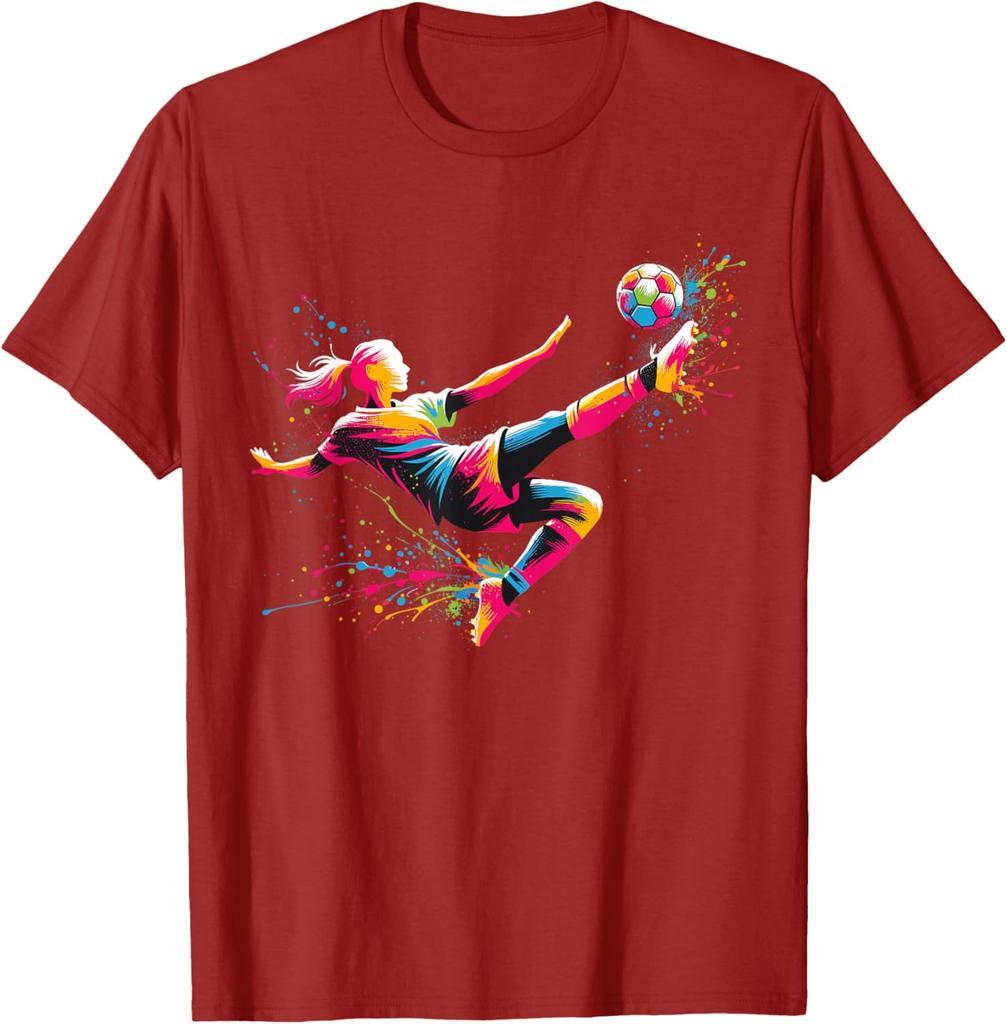 Colorful Splatter Soccer Player Kick Graphic Tee Breathable Cotton Daily Tshirt For Unisex