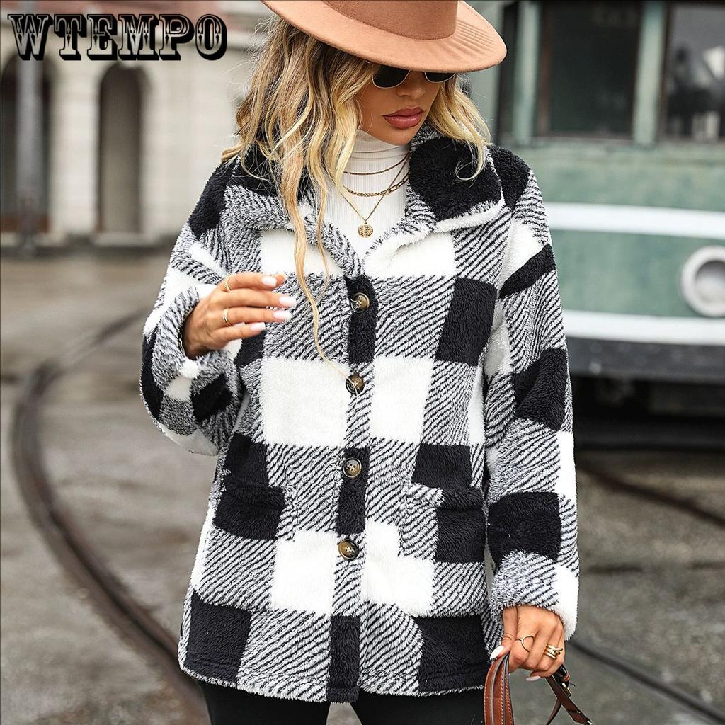 Fall and winter women's lapel long-sleeved medium-length plaid single-breasted double-sided velvet casual jacket