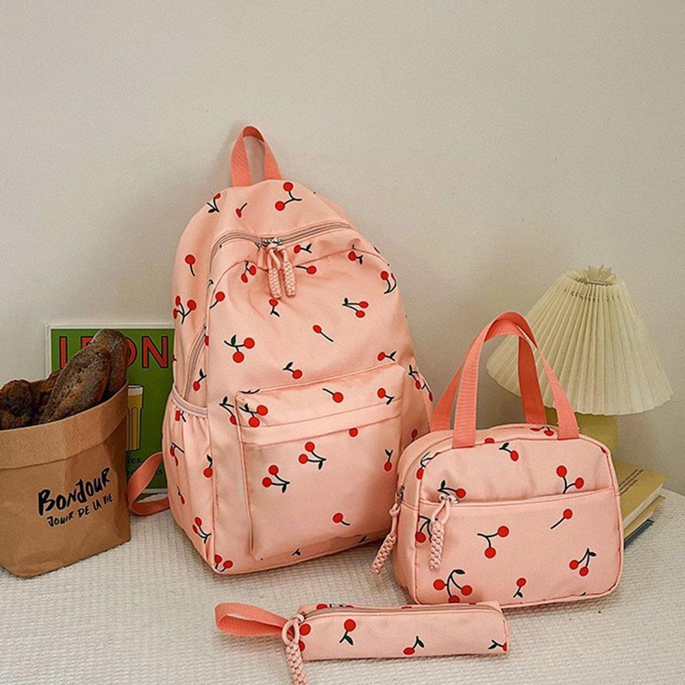 3Pcs/Set Oxford Cloth Cherry Backpack Preppy Style Adjustable Laptop Backpack with Lunch Bag & Pencil Case Large Capacity