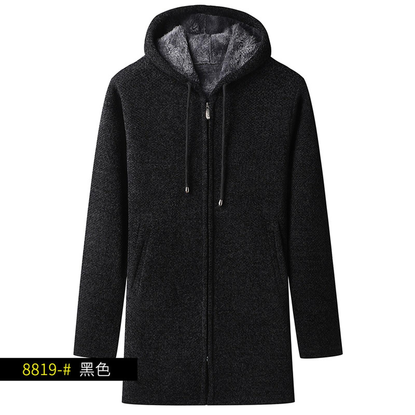 

Новый тип мужского свитера средней длины с капюшоном, тренч большого размера, модная повседневная вязаная куртка на молнии XL чёрный