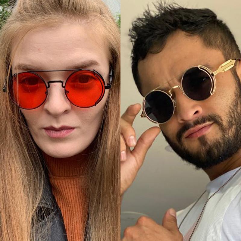 New Steampunk Sunglasses Men Round Red Lens Punk Sun Glasses Black Gothic Style Women UV400 Shades