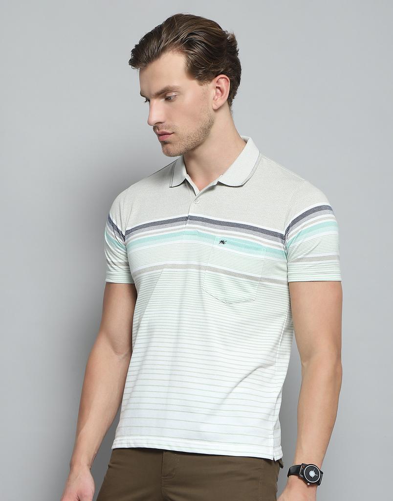 Monte Carlo Mens Striped Green Collar Neck Half Sleeve T-Shirt