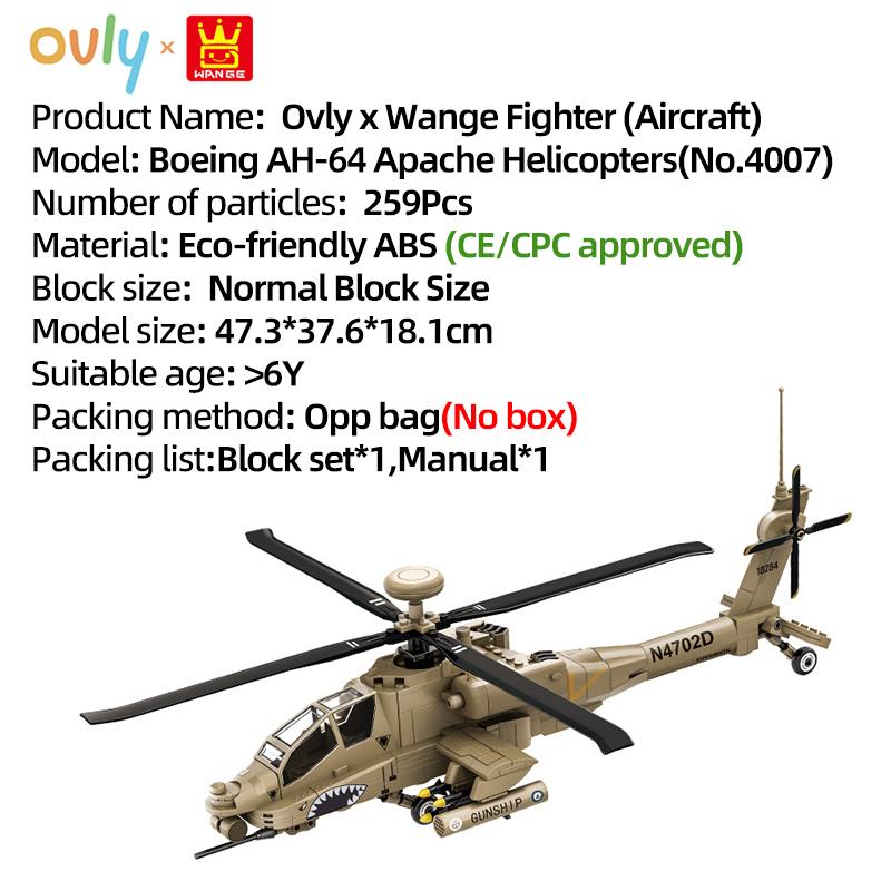 

WANGE Military Armored Boeing AH-64 Apache Helicopters Model Building Block Fighter Toy Compatible with Bricks Children s Birthday Gift No.4007