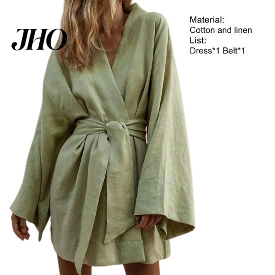 Short Dress Lace Up Robe Long Sleeve Women Cardigan V Neck Solid Color Mini Streetwear
