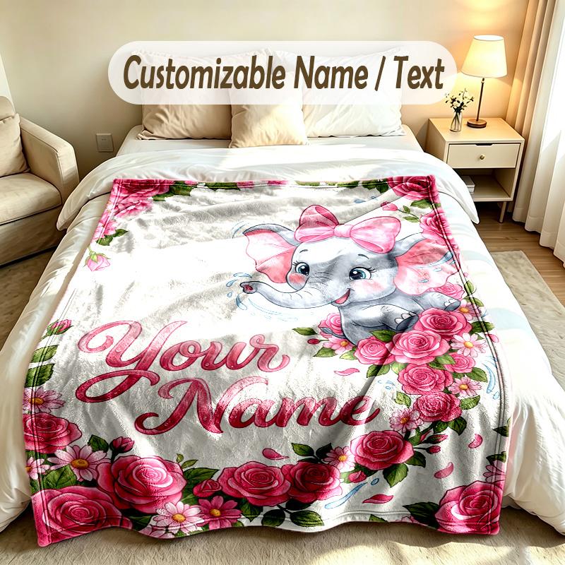 Olifant Thema Zachte Deken Gepersonaliseerd Aangepaste Naam Tekst Print Warme Deken Huis Sofa Slaapkamer Decor