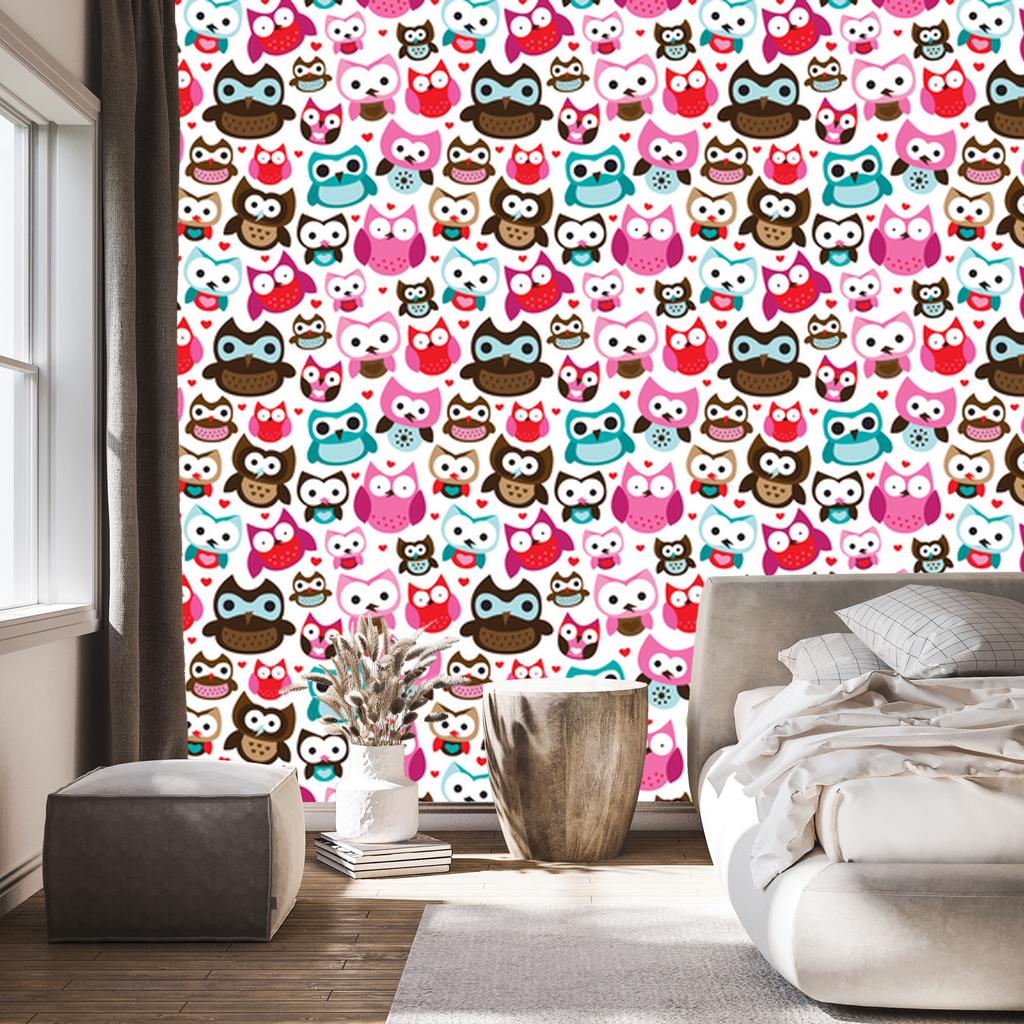 Colorful Owl Hearts Wallpaper for Living Room and Bedroom 50x1000