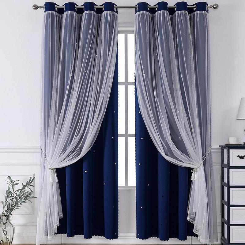 Lace Sheer+Blackout Curtains Double Layer Star-Pattern Drapes Sun Filtering Window Sheers Elegant Living Room Bedroom Decor