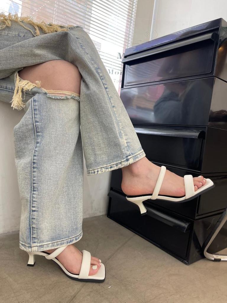 Open Toe High Heeled Sandals Women's 2024 Summer New Square Head Thick Heel Mid-heel Slippers