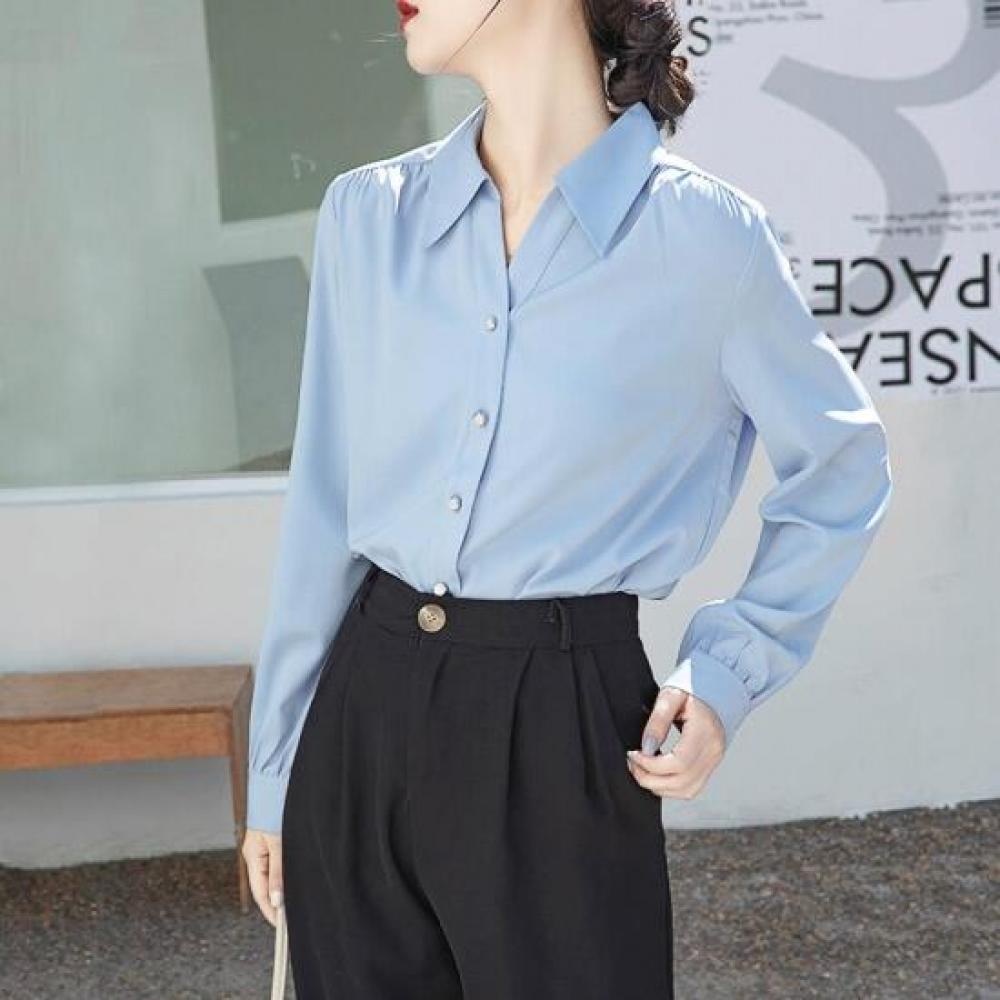 New ArrivalS Open Run Women S Minimal Shirt blouSe Pleat Detail Long Sleeve Blue