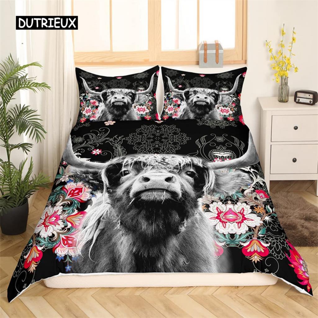 Bettbezug mit Highland-Kuh-Motiv, Western-Bettwäscheset mit Bauernhoftieren, King-Size-Bett, für Jungen und Mädchen, Mikrofaser, Blumenmuster, Bullen- und Rinder-Bettbezug