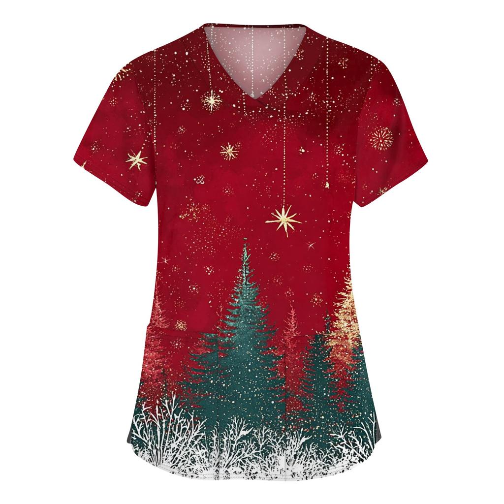 Women's Fashion V-neck Short Sleeve Workwear With Pockets Christmas Printed Tops