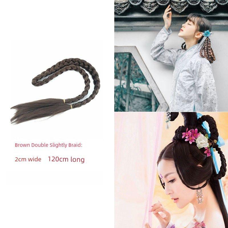 Ancient Costume Wig Double-Headed Twist Braid Republic of China Student Big Braid Chinese Bride Xiuhe Style Coiled Hair Wig Long Braid