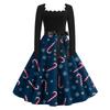 Women's Fashion Retro Long-sleeved Square Collar Christmas Printed Evening Dress
