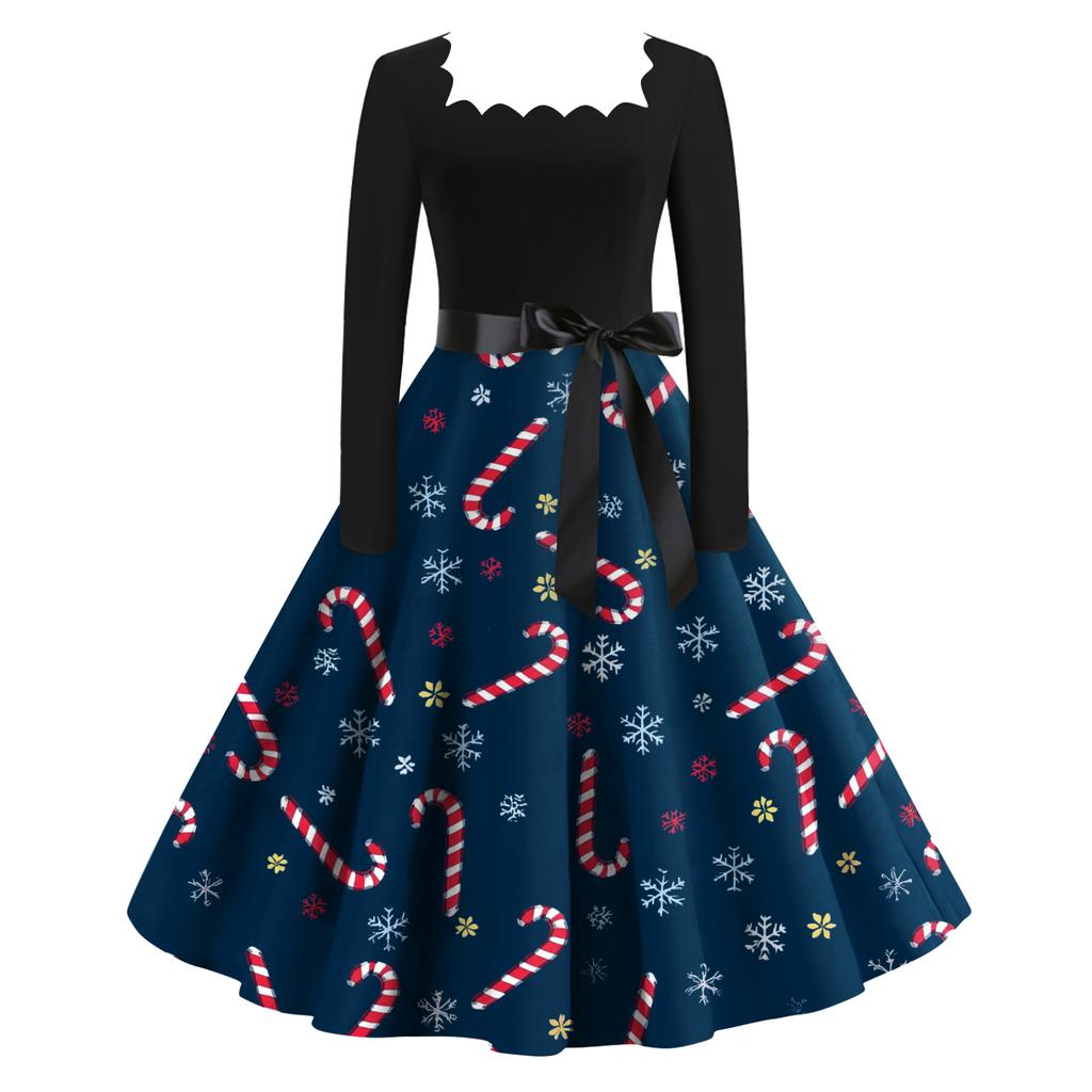 Women's Fashion Retro Long-sleeved Square Collar Christmas Printed Evening Dress