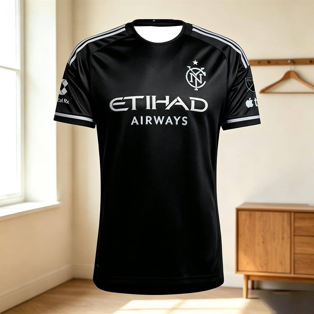 Unisex Černý venkovní fotbalový dres NYCFC s potiskem Etihad Airways Rychleschnoucí Krátký rukáv Kulatý výstřih Fotbalový fanoušek Tréninkové Sportovní trička