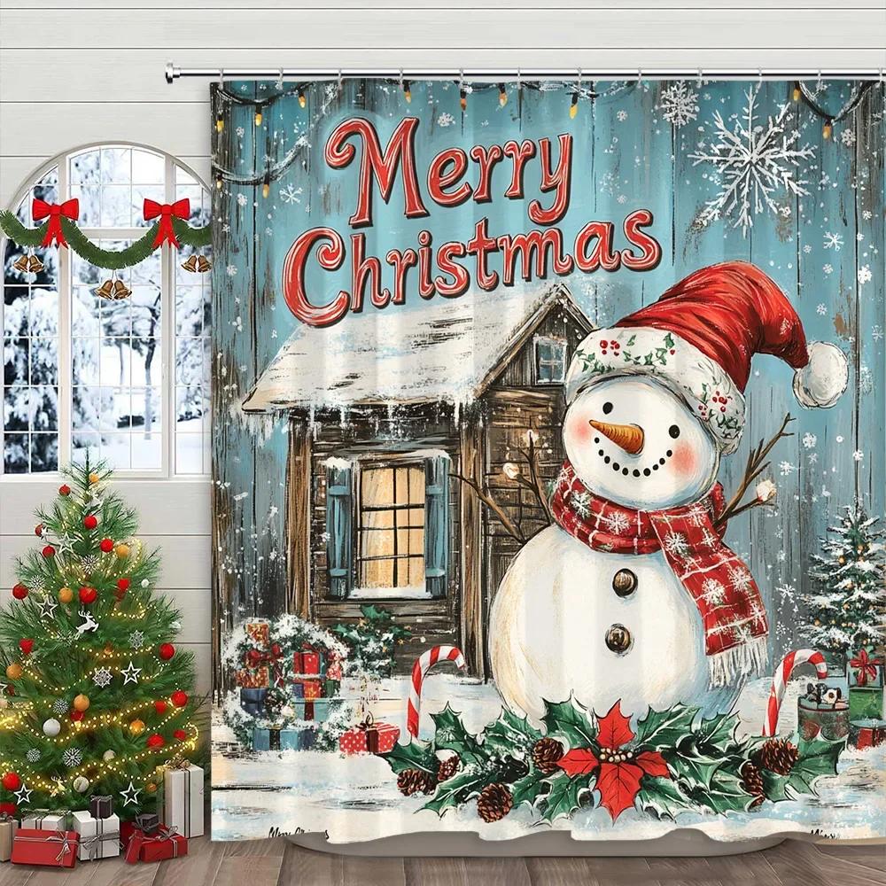 Christmas Snowman Shower Curtain Santa Claus Christmas Gifts Snow Printed Polyester Fabric Home Decor Shower Curtain With Hook