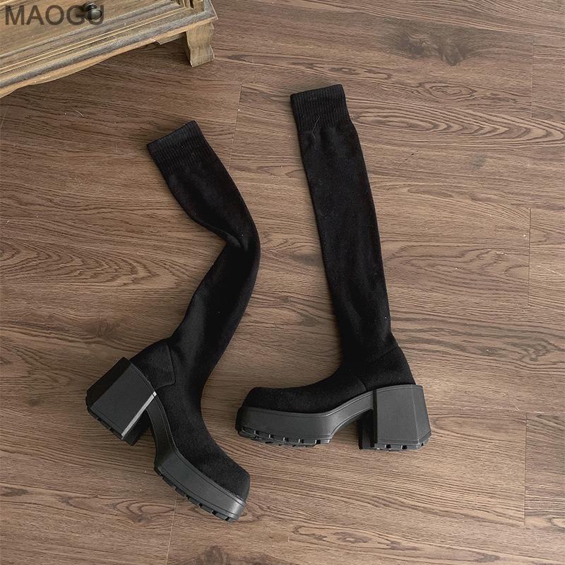 Women's Fashion Knee High Sock Boots Spring Autumn Chunky Block Heel Platform Stretch Boots Elegant Retro Style Botas Mujer