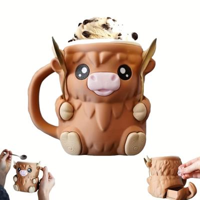 Porta Pinte di Ghiaccio Reutilizzabile Mucca delle Highlands con Cassetto Snack e Manico Stampa 3D Contenitori per Pinte di Gelato Manicotti per Lattine di Birra Regali Ideali