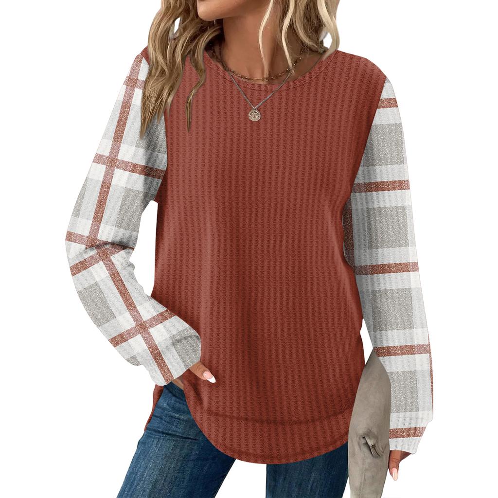 Damrutig tryck rund hals långärmad ledig lös topp