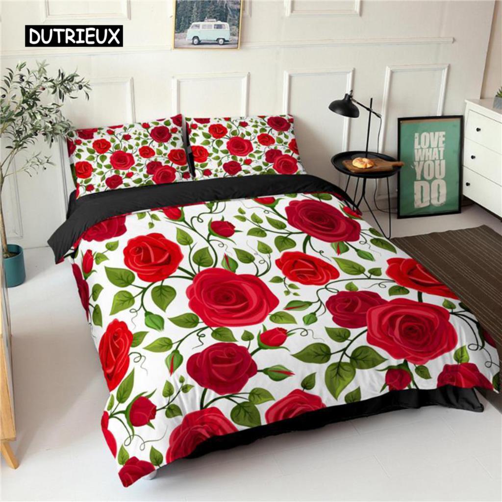 Red Rose Duvet Cover Set Queen Microfiber Floral Petals Botanical Twin Bedding Set Romantic Flowers Valentine's Day Quilt Cover