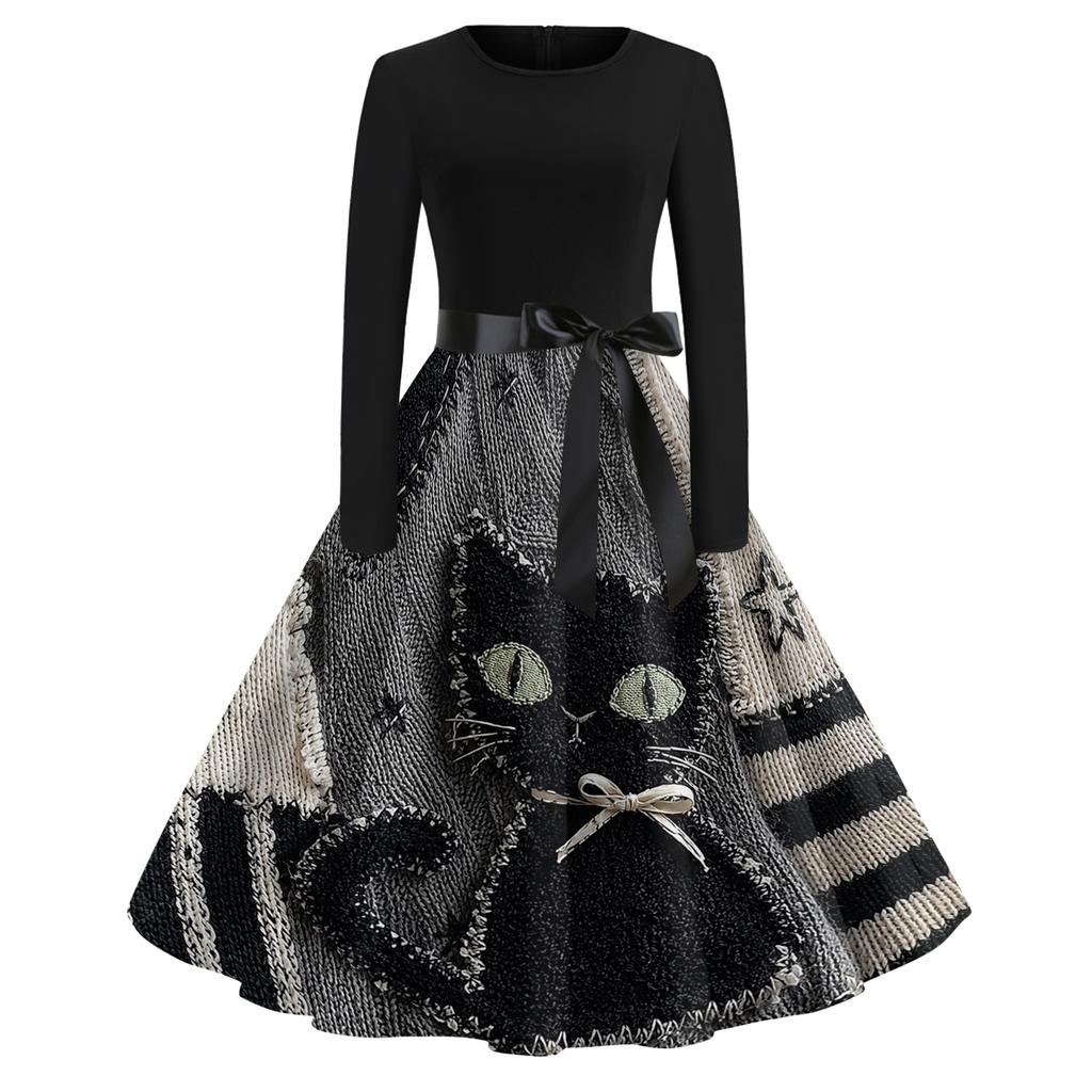 Damen Vintage Rundhals Langarmkleid mit Halloween-Print für Freizeit und Alltag