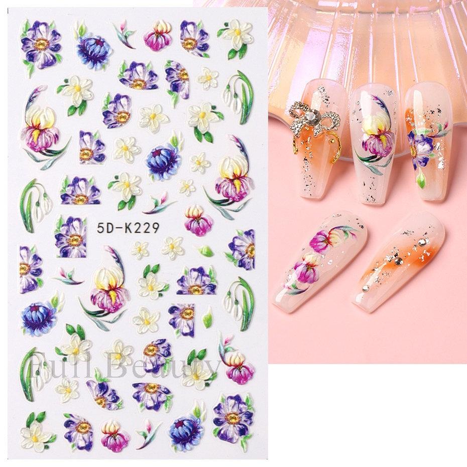 

5D рельєфні наклейки для нігтів Білі квіти Наклейки для нігтів Гравіювання Квіткові наконечники для нігтів