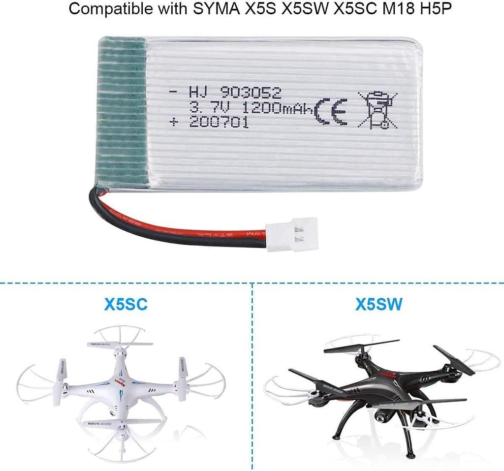 Set of 4 Rechargeable LiPo Batteries 3.7V 1200mAh | Compatible with RC Drones Syma X5SC X5SW | Extended Flight Time 15 Min | Lightweight, Silver