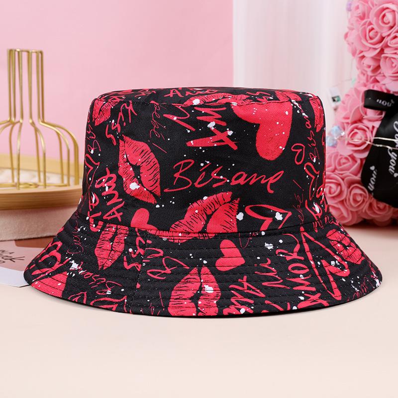 New fashionable heart-shaped printed double-sided bucket hat kiss pattern trendy sunshade sun hat sunscreen basin hat
