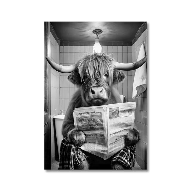 Funny Highland Cow On Toilet Wall Art Poster Prints Rustic Farmhouse Style Canvas Painting Picture for Bathroom Room Home Decor