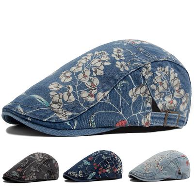 New Vintage Print Denim Beret Women Men Cotton Newsboy Cap Casual Visor Fashion Flat Hat Adjustable Berets For Spring Autumn