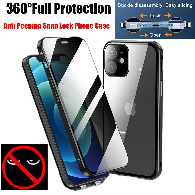 360° Vollschutz Metall Magnetisch Doppelseitig Glas Schnappverschluss Anti-Peeping Handyhülle Für iPhone 15 14 13 12 16 Pro Max Hülle