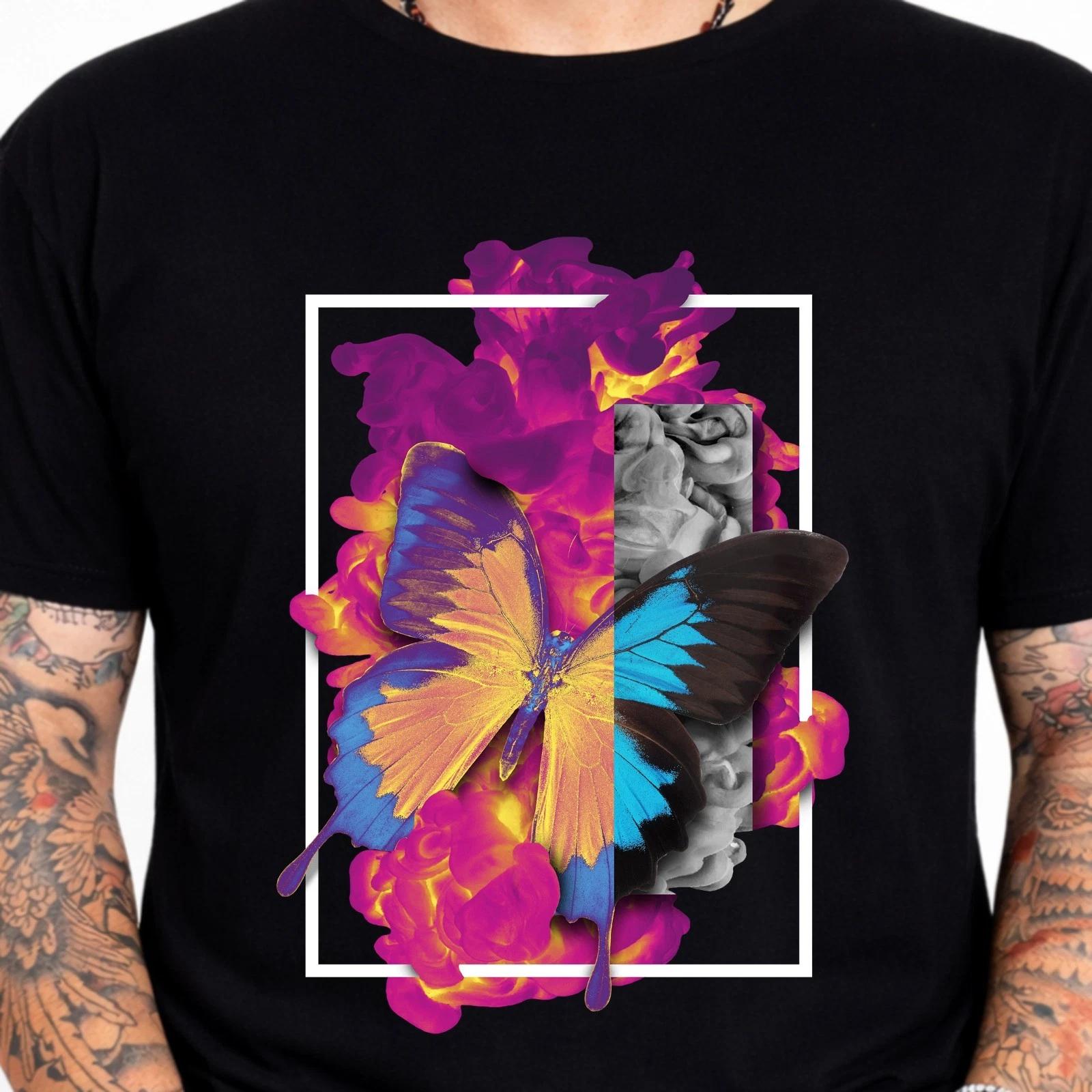 Colorful Butterfly Smoke Graphic Tee Nature Floral Art Streetwear Fashion Shirt. XL