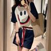 Women's Plus Size Smiley Face Embroidered Sports Suits - Summer Loose Casual Short-Sleeved Shorts Two-Piece Set, Trendy Style