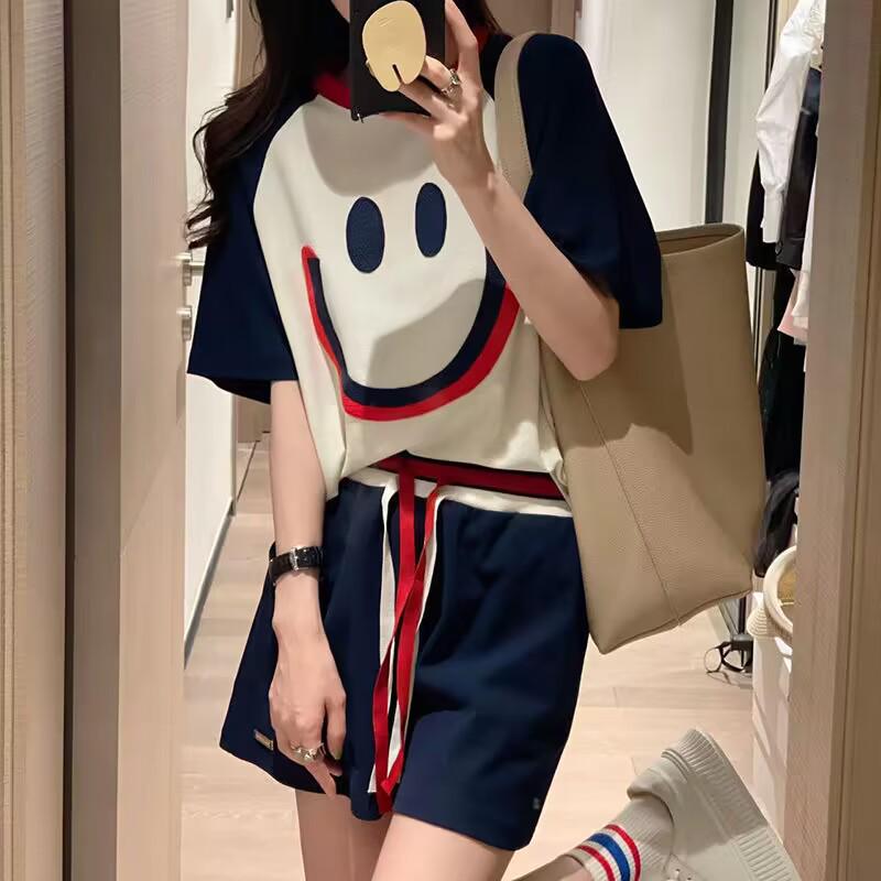 Women's Plus Size Smiley Face Embroidered Sports Suits - Summer Loose Casual Short-Sleeved Shorts Two-Piece Set, Trendy Style