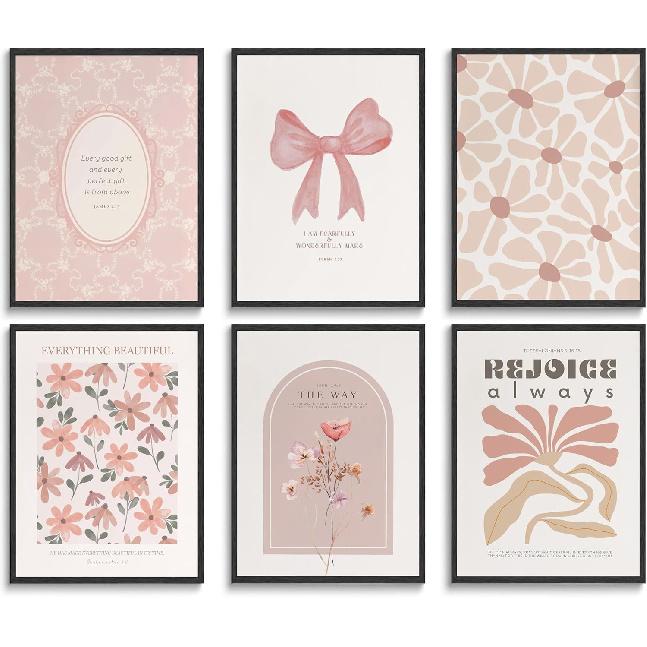 QQG Christian Wall Art Prints Set of 6 Pink Bible Verses Pictures Wall Decor Boho Floral Scripture Gallery Prints Girly Coquette Bow Aesthetic