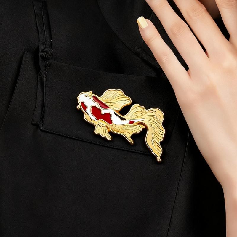 Red White Enamel Koi Brooches for Women Gold Anime Pins Chinese Lucky Fish Shape Brooch Women's Clothing Accessories