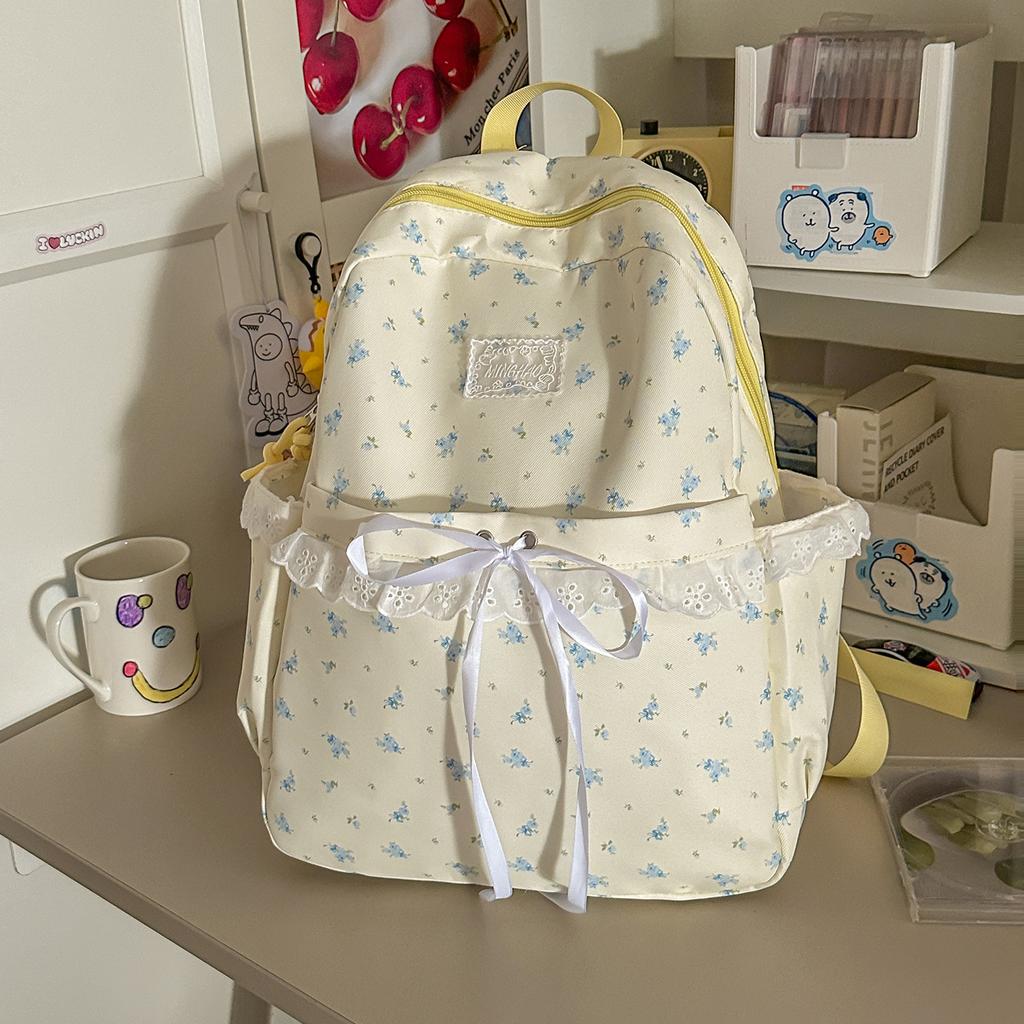 Schoolbag Milky White Floral Backpack Female Ins Niche Schoolbag Female Lace Backpack Junior High School Versatile Commuter Backpack