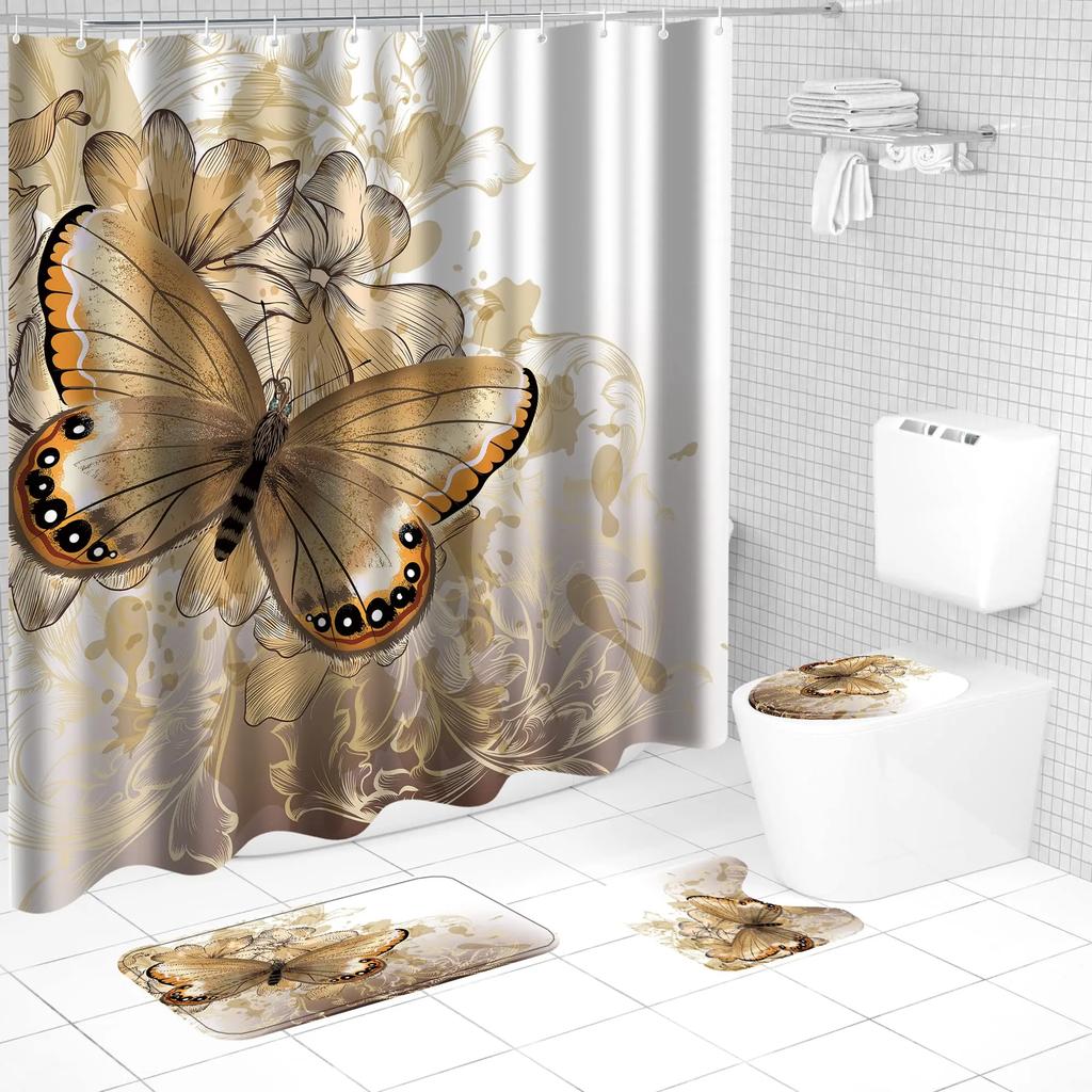 Big Butterfly Beautiful Polyester Shower Curtain Set Bathroom Set Waterproof Curtains Bath Mat Set Toilet Lid Cover 4 Pcs Decor