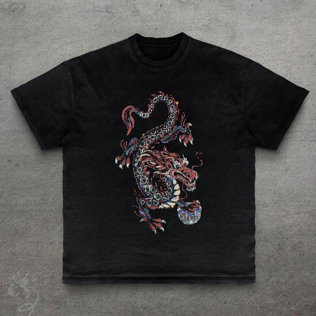 Koszulka z grafiką japońskiego smoka, Koszulka w stylu vintage z azjatycką sztuką dla mężczyzn i kobiet, Retro Top ze smokiem Irezumi, Koszulka streetwear z mitycznym stworzeniem