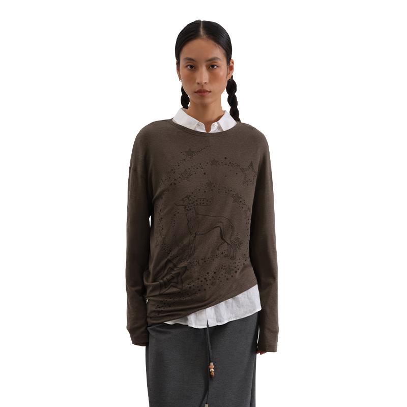 GREEN BELT Retro Print Lyocell Asymmetric Long Sleeve T-shirt S