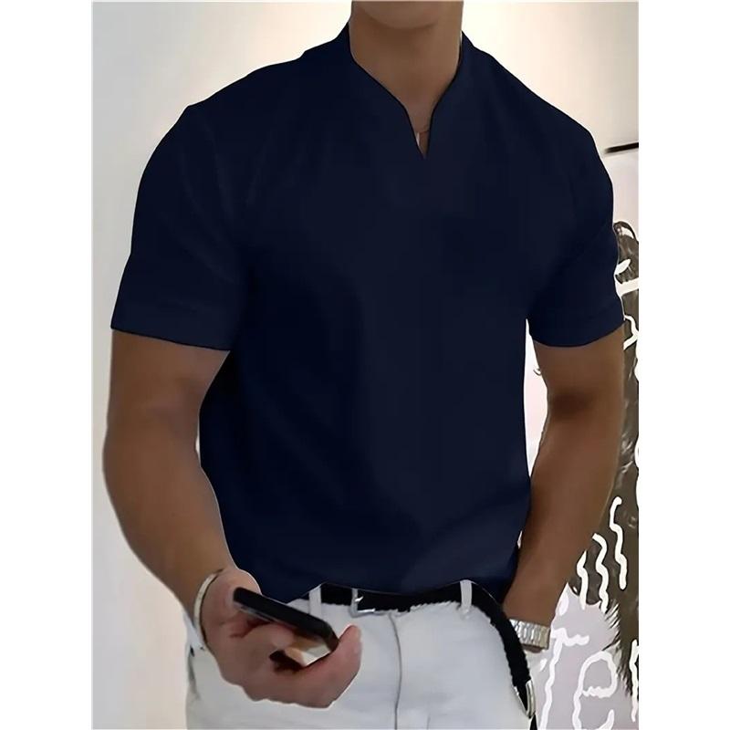 Men V‑Neck Short Sleeve T‑Shirt Elastic Slim Fit Henley Tee Solid Color Breathable Casual Tops For Fitness Sports Daily Summer Street Wear