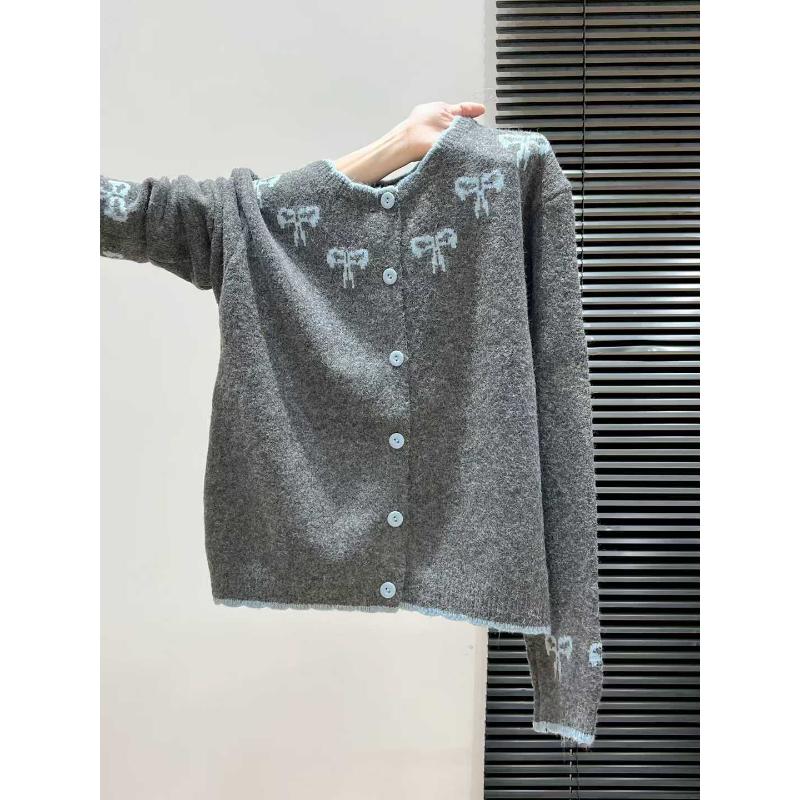 Bow Knit Cardigan Thickened Sweater Outerwear Women Autumn Winter New Style Loose Slouchy Sweet Top