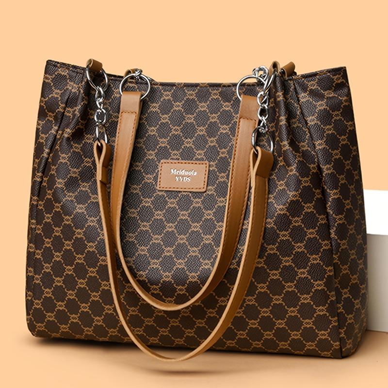 Women's Retro Fashion PU Soft Leather Commuter Large Capacity Tote Bag Fashionable Women's Old Flower Pattern Shoulder Bag