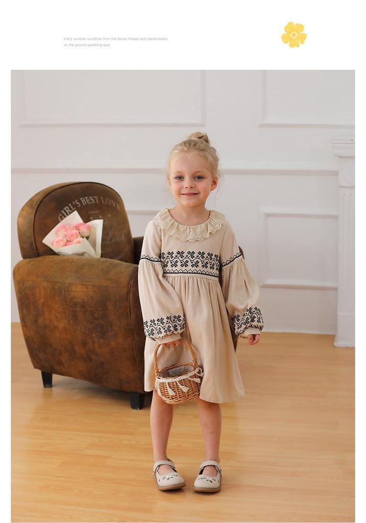 Autumn 2026 Forest-Style Ruffled Lace Collar Embroidered Girls' Dress with Puff Sleeves in Cotton Linen