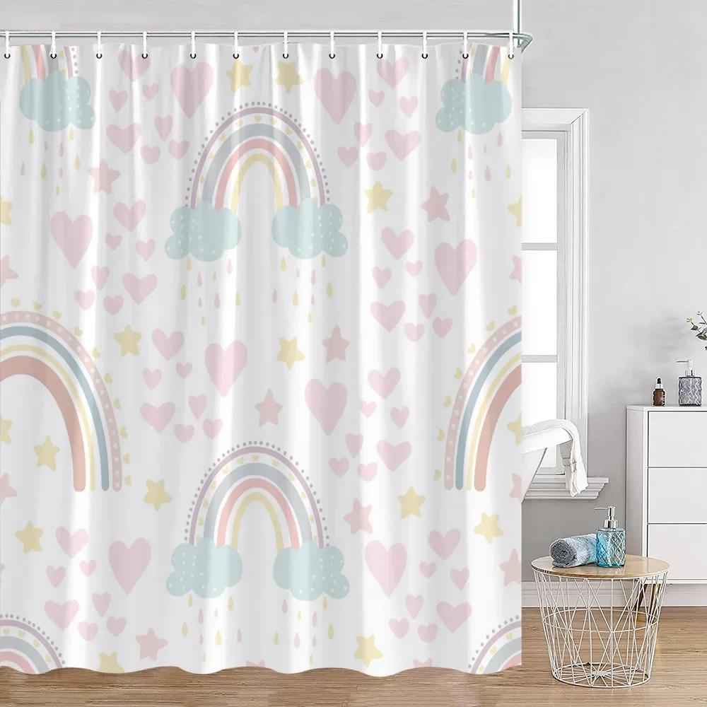 Cute Rainbow Heart Pattern Shower Curtain Children's Simple Modern Bathtub Decorative Polyester Bathroom Shower Curtain