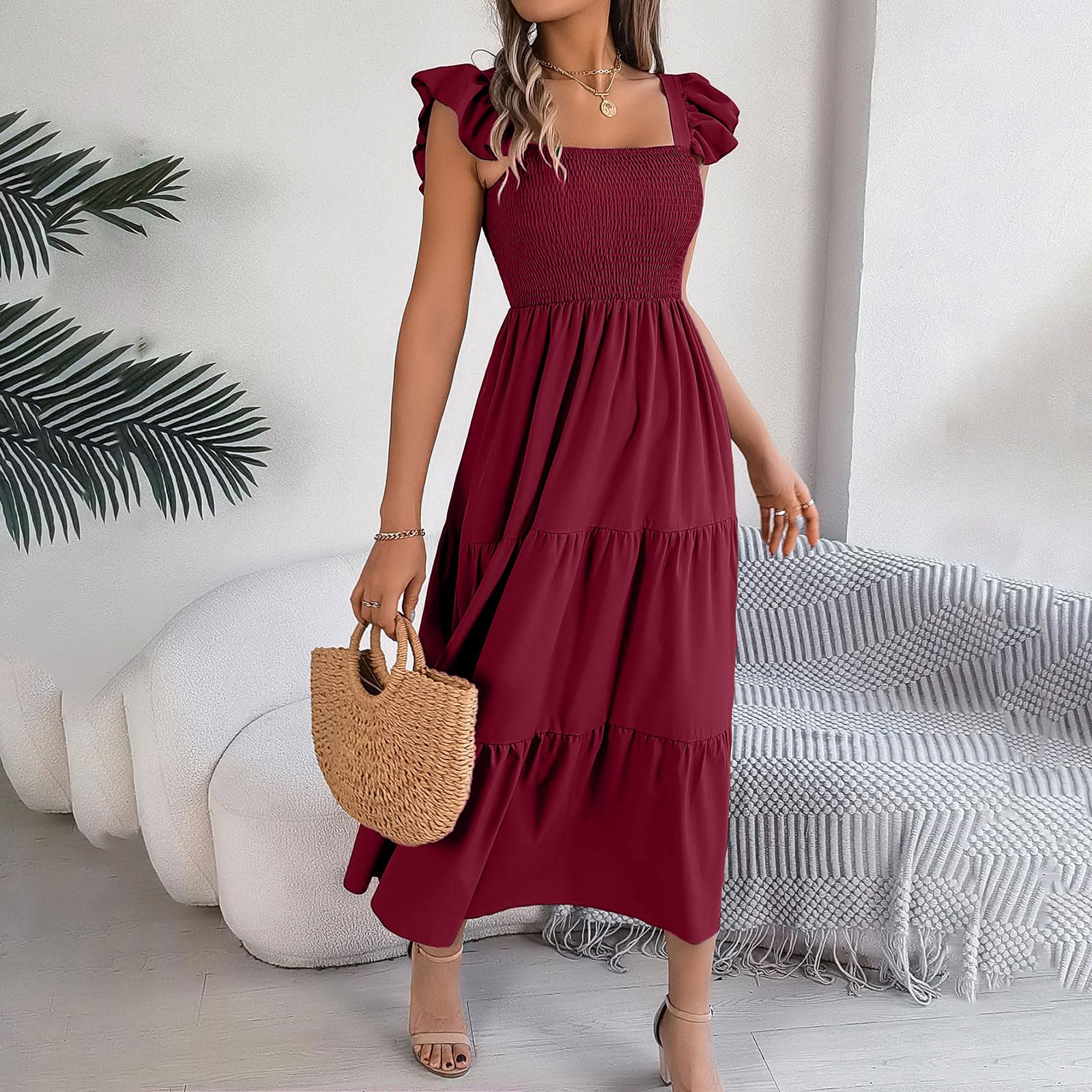 Women s Ruffle Sleeve Square Neck Smocked Bodice Tiered Maxi Dress Casual Loose Fit Summer Dress XXL винный