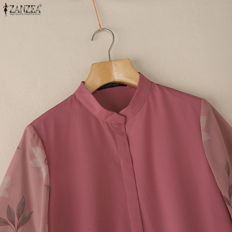 ZANZEA Women Casual Stand Collar Summer Splice Short Sleeve Blouse