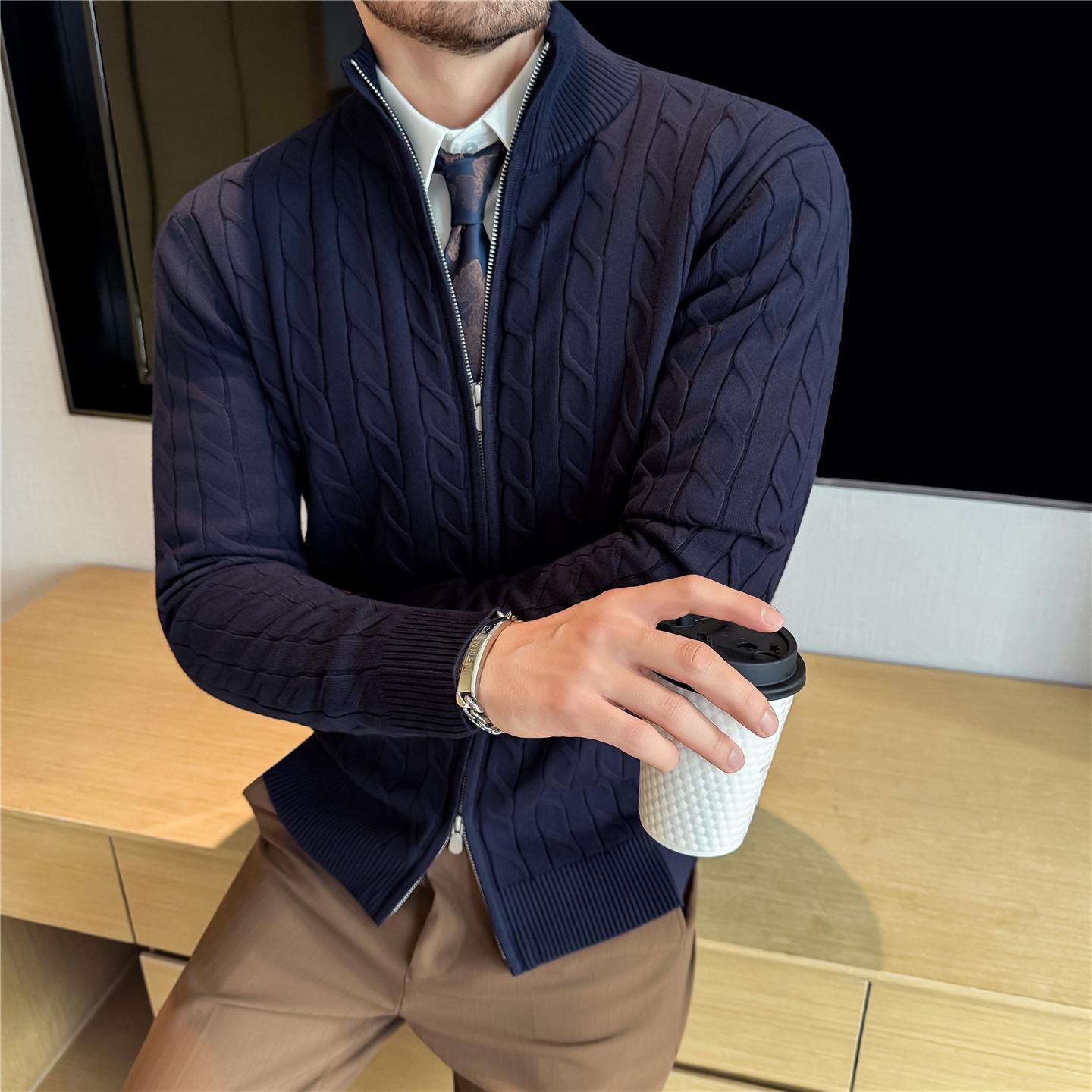 Мужской полосатый кардиган-свитер с косами - Воротник-стойка, приятный для кожи L